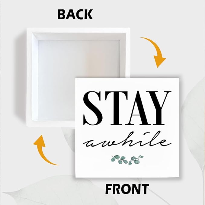 Rustic Farmhouse Home Wooden Signs, Stay Awhile Sign, Living Room Decor, Farmhouse Style Quality Print, Home Desk Decoration, Housewarming Gift, Box Sign Decor Tabletop, 5.1x5.1inches