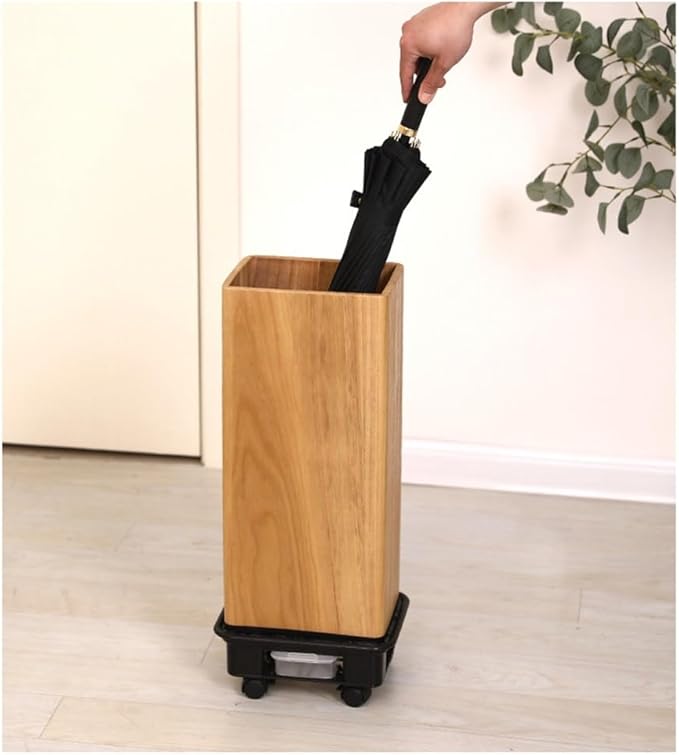 zktoermn Square Umbrella Stand Rack with Wheels, Wooden Umbrella Organizer Bin, Retro Indoor Umbrella Holder for Entryway, Office, Home(Natural,21x15x58cm)