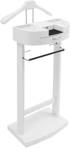 Suit Valet Stand for Man, 16.93x13.19x42.13in Wood Clothes Stand with Top Tray, Men Contour Hanger Valet Stand with Drawer, velvet lining, 66.14 lbs Load-bearing Capacity, Anti-slip Trouser Rack