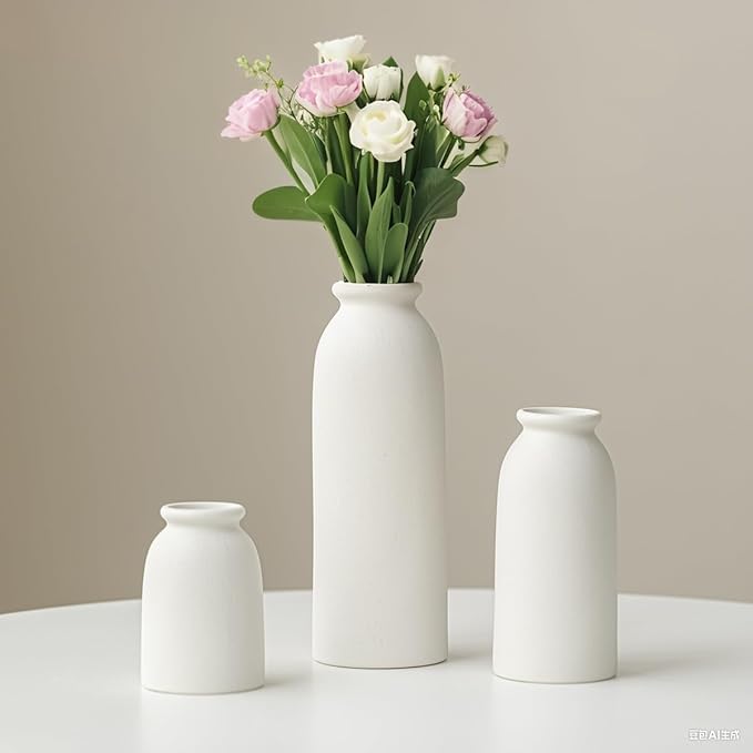 Ceramic Vase Set-3, Small Flower Vases for Decor, Modern Boho Farmhouse Style, Decorative Vases for Pampas Grass & Dried Flowers, Distressed Finish (White)