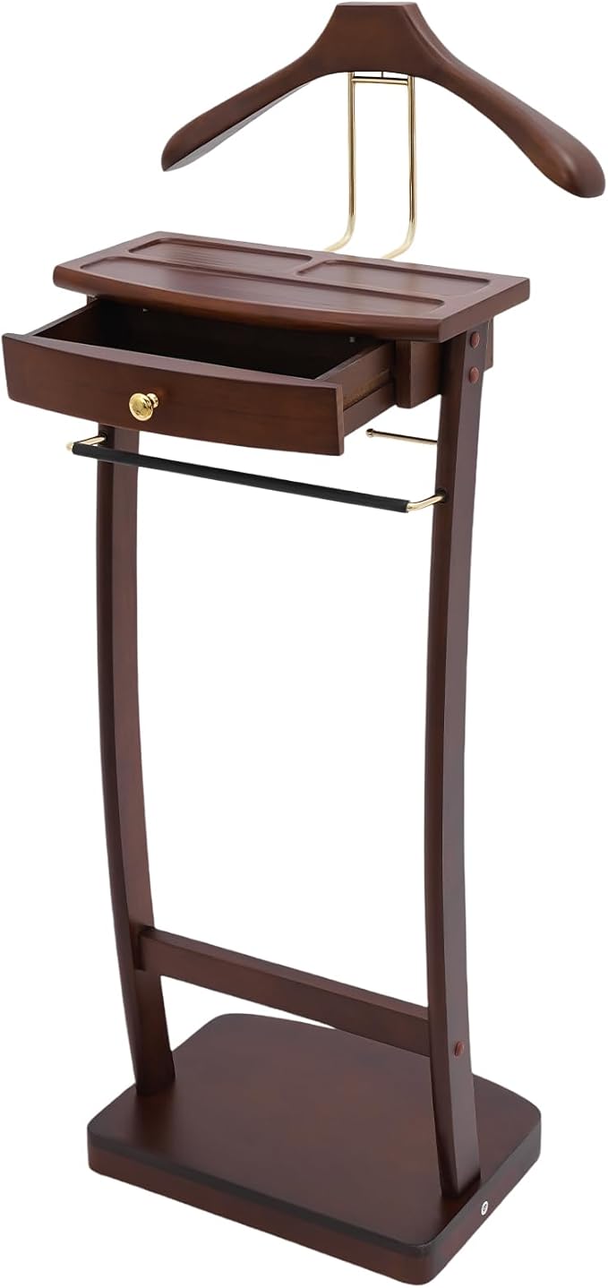 Cashewnuts Mens Suit Valet Stand Clothes Valet Stand with Base Vertical Clothes Stand Wooden Hanging Frame w/Handle, 17.32 x 11.81 x 44.09in (Walnut Color)