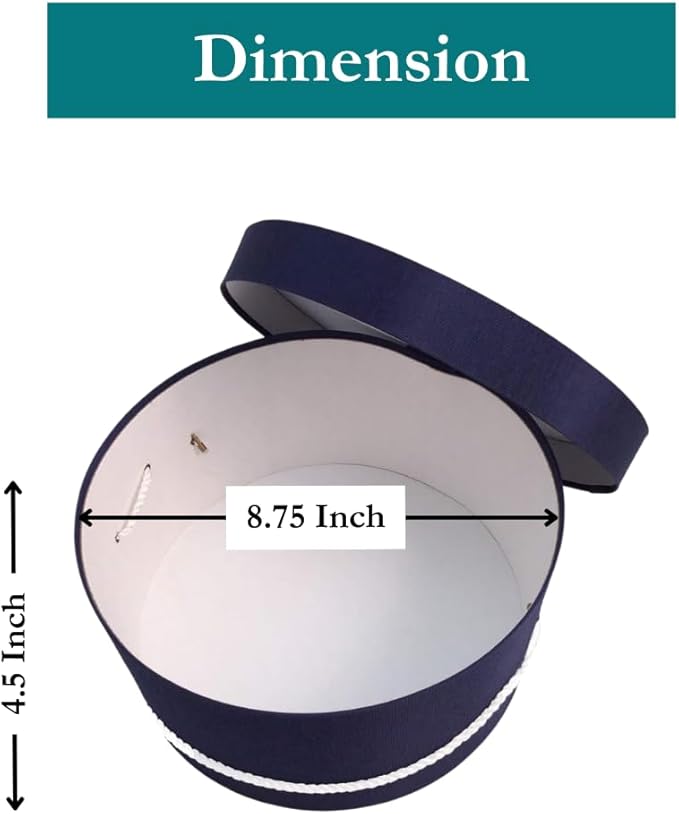 Sarah's Hat Boxes Classic Navy Hat Box – 8.75" x 4.5" (Dia. x Ht.) Handmade in USA – Odorless Non-Toxic Adhesive, Cording Handle – Premium Storage for Hats & Accessories