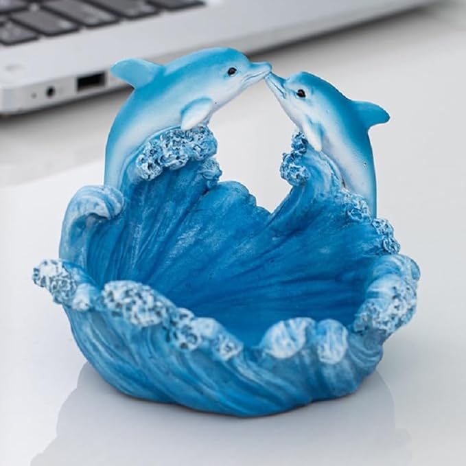 Dolphin Resin Statue with Wave Base,Coffee Table Decor,Small Desktop Decor for Home Office Shelf, Mini Bowl for Keys Coins Jewelry, Romantic Gift for Mom Girlfriend Grandma.