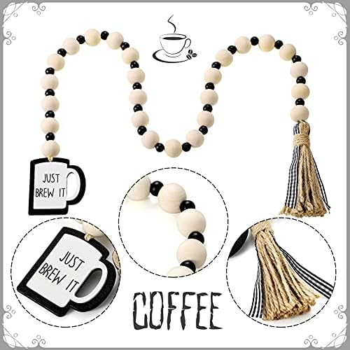 Jetec Coffee Bar Decor Wood Bead Garland with Tassel Coffee Bar Try Decor Accessories, Table, Shelf, Rustic Farmhouse Home
