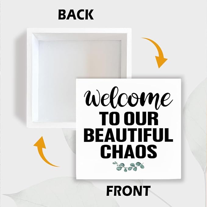 Farmhouse Home Decor, Welcome To Our Beautiful Chaos Wooden Sign, Living Room Wall Art, Family Room Signs, Housewarming Gift, Box Sign Decor Tabletop, Hallway Decoration, 5.1x5.1inches