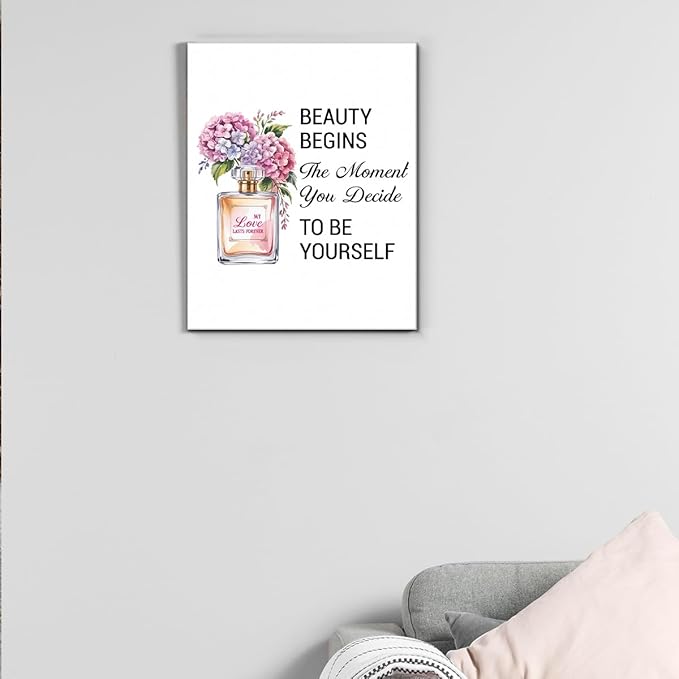 Inspirational Pink Flower Wall Art Decor for Powder Room Bedroom Bathroom, Motivational Quotes Wall Decor Canvas Painting Pictures Artwork Gift for Women Teens (8 X 10 Inches, Framed)
