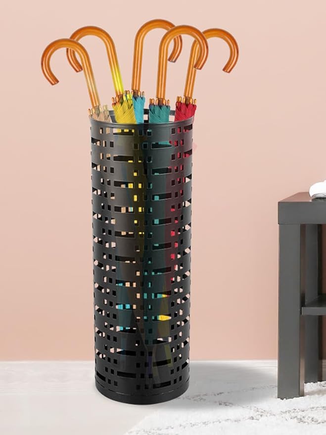 Umbrella Stand Rack, Free Standing Round Metal Umbrella Holder, Walking Sticks Umbrella Bins Waterproof Umbrella Storage Rack 16.5 x 6 inch Hollow Umbrella Storage Bucket for Indoor Home Office(black)