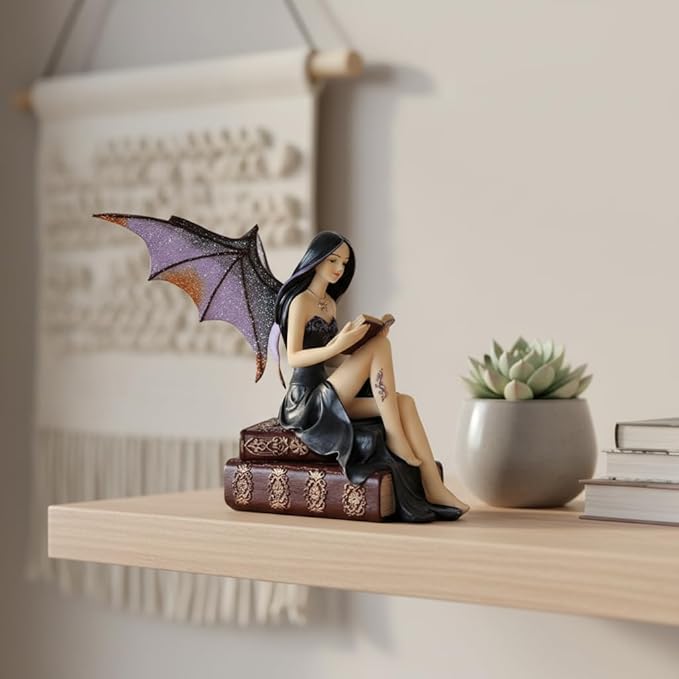 Comfy Hour 9" Reading Fairy Figurine, Gothic Dark Witch Statue Sitting on Vintage Books, Fantasy Mythical Spirit Collectible for Shelves, Polyresin Artisan Sculpture, 1 Piece