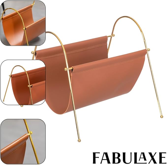 Fabulaxe 12-in Gold-Tone Metal Frame with Brown Leatherette Sling Magazine Holder for Living Rooms, Home Offices, and Waiting Areas - for Office Desk Accessories, Organizing Magazines and Newspapers