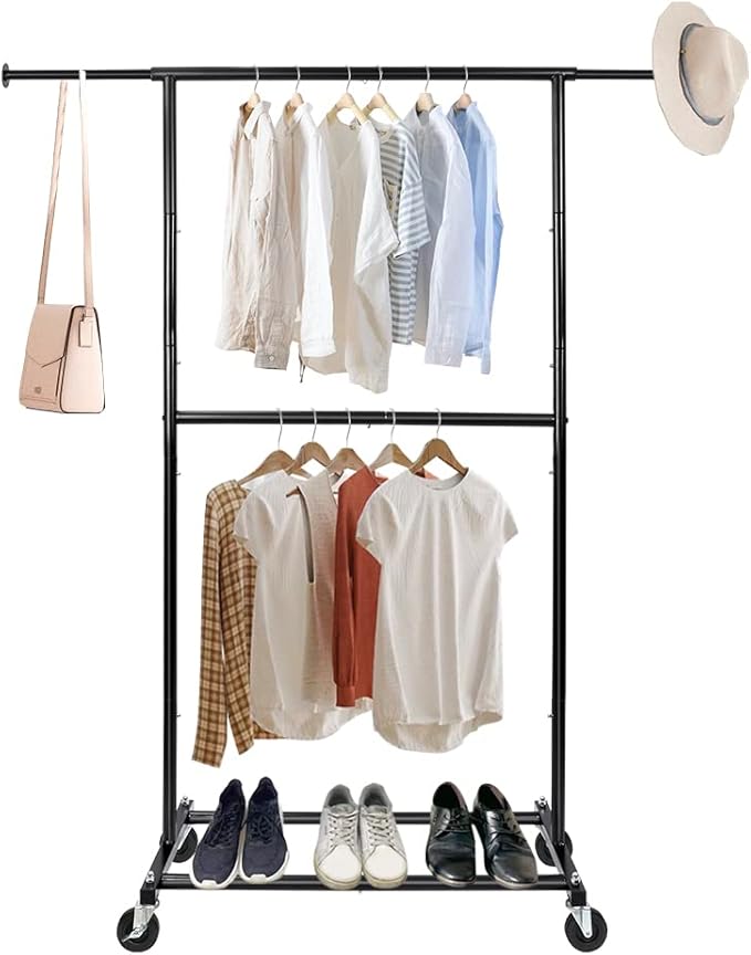 Black Simple Standard Rod Rolling Clothing Garment Rack, Metal Clothes Organizer with Lockable Wheels