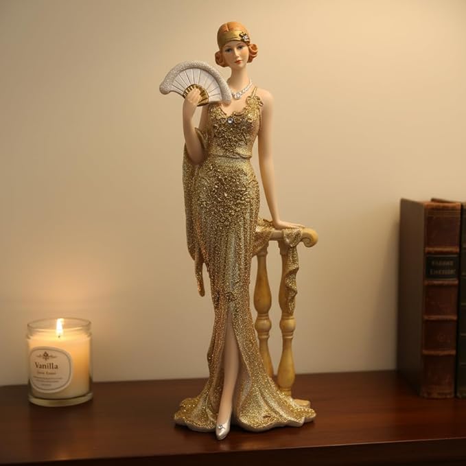 Comfy Hour 13" Glamour Elegance Victorian Art Figurine, Camille Lady with Fan Statue, Roaring 20s Art Deco Style Home Decor Accent, Polyresin Artisan Crafted Sculpture, 1 Unit (Gold)