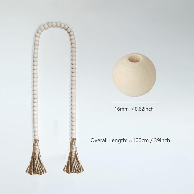 Boho Decor Wood Beads Garland Farmhouse Wall Hanging Decorations Natural Wooden Bead Tassel Decorative for Coffee Table Christmas and Prayer (Nature, 39")