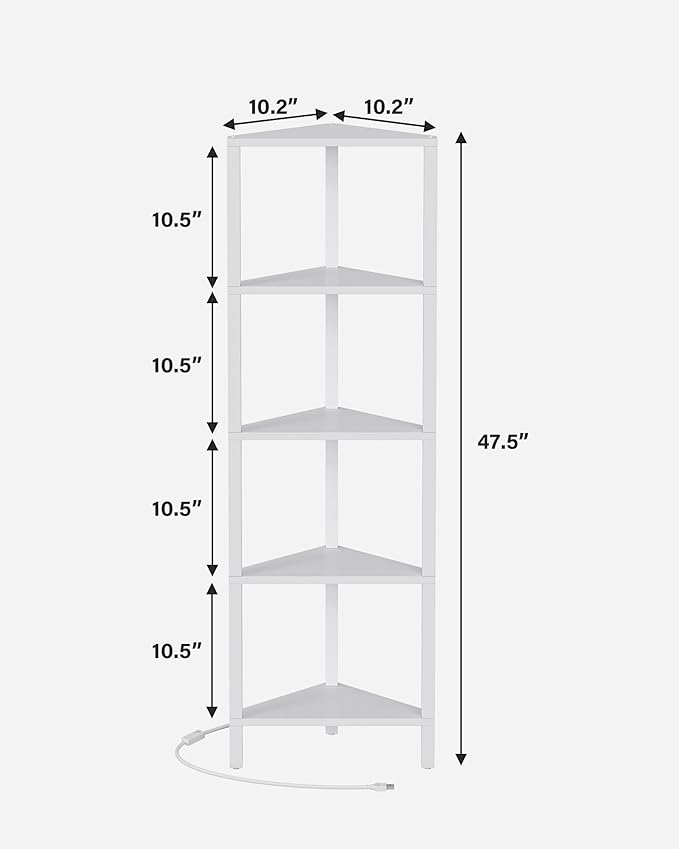 TUTOTAK Corner Shelf with LED Light, 5-Tier Corner Bookshelf for Small Space, Narrow Display Corner Shelf Stand with Storage Rack, for Living Room, Bedroom, White BS05BW005L