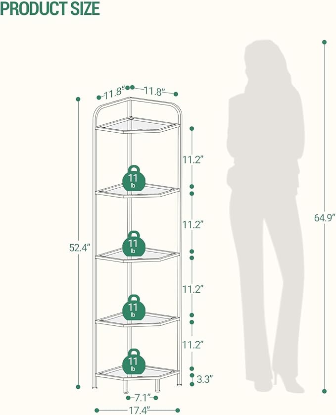 Hzuaneri Corner Shelf Stand, 5-Tier Glass Bookshelf Bookcase, Bathroom Organizer, Plant Stand, Steel Frame, Tempered Glass, Modern Style for Living Room, Bathroom, Kitchen, Golden CS90200G