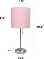 Oslo 19.5" Contemporary Bedside Power Outlet Base Standard Metal Table Desk Lamp in Brushed Steel with Light Pink Drum Fabric Shade