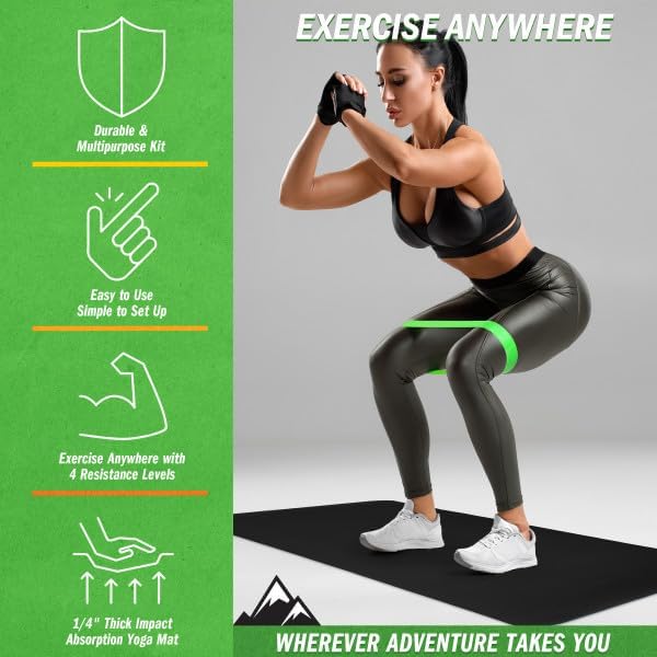 Wakeman Yoga Mat Set - 4-Pack of Resistance Bands for Working Out with 1/4-Inch Workout Mat - Home Gym Starter Kit - Exercise Equipment by Wakeman