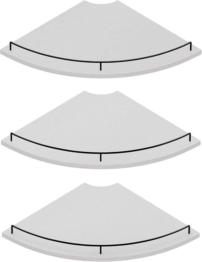 JJL Corner Shelf Wall Mounted, 12 Inches 3-Tier Floating Corner Shelf, Fan-Shaped Rustic Wood Decor with Fence, White Floating Shelves for Apartment Bedroom Kitchen Bathroom