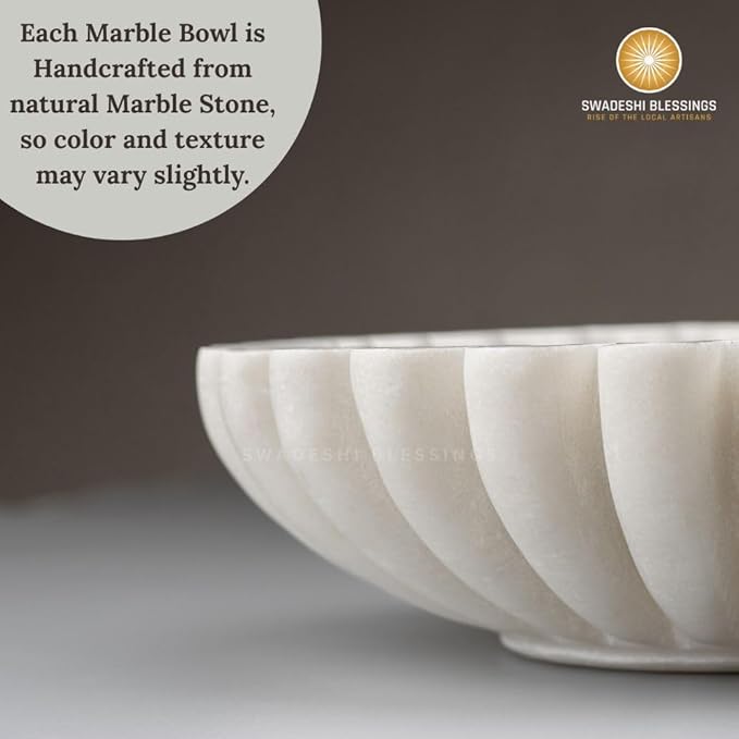 SWADESHI BLESSINGS HandCrafted Marble Ruffle Bowl/Antique Scallop Bowl/Fruit Bowl/Vintage Ring Dish/Decorative Flower Dish/HouseWarming Gift/Wedding Gifts/Urli (12 Inches)