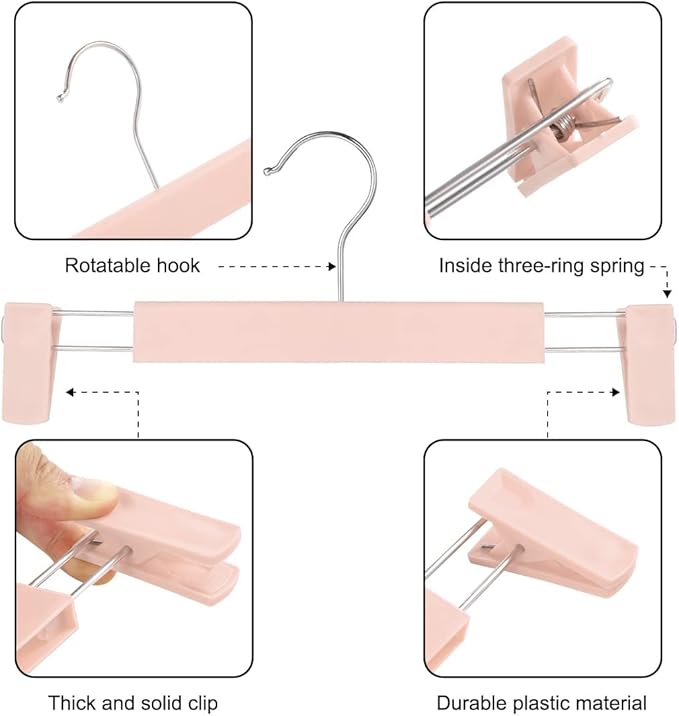 Clothes Pants Hangers, Space-Saving Skirt Holders with 360 ° Swivel Hooks, Adjustable Clips, Trouser Hangers, Clothes Coat Garment Jeans Hangers (10 Pack, Pink)