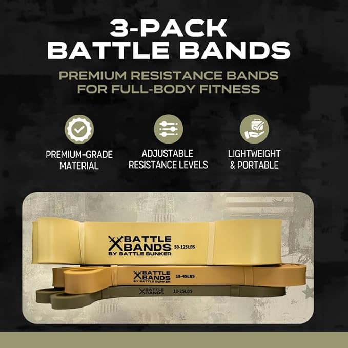 Battle Bunker Premium Resistance Bands - Natural Exercise Bands for Strength Training, Pull-Ups & Recovery - Fitness Band for Home, Gym & Mobility Workouts- Crush Your Goals Anytime- 3-Pack- 10-125lbs