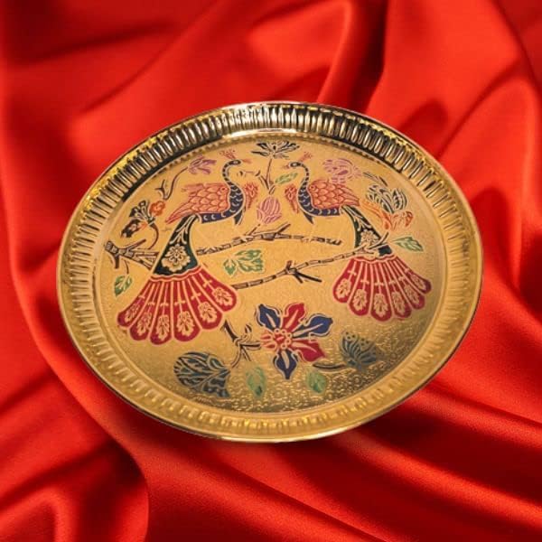 Aditri Creation Decorative Peacock Brass Thali Plate Brass Thali Prasad Plate for Pooja Utensils Indian Traditional Festival Housewarming Decorations and Home Decor(Size:- 5")(Golden)