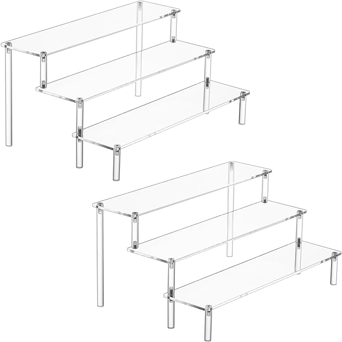HENABLE 2PCS Large Acrylic Display Risers, Perfume Stand Organizer, Clear Acrylic Shelf Risers for Display Stands for Food, Tabletop Use, Amiibo Funko POP Figure, 3 Tier Clear Cupcake Stand Risers