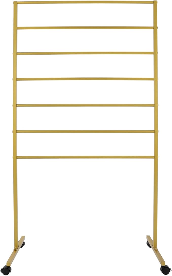 Scarf Organizer, 7-Tier Metal Scarf Display Stand with Wheels, Freestanding Scarf Display Rack, Retail Store Towel Rack, Ties Belt Pants Hanging Rack, for Boutique Display, Home (Gold-7 Rods)