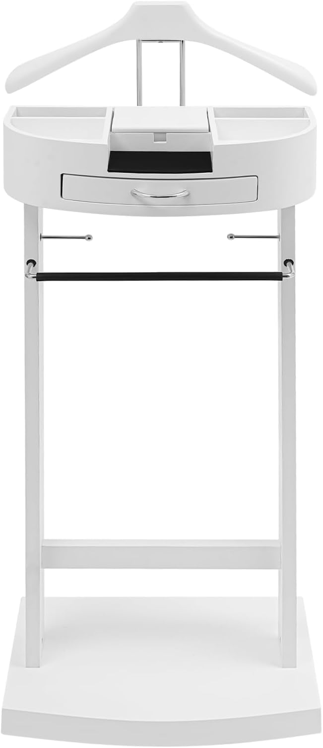 Clothes Valet Stand, Wood Valet Stand Suit Rack Stand with Drawer for Men/Women, Contour Hanger, Trouser Bar, Belt Hooks Shoe Rack, Freestanding Valet Stand (White)