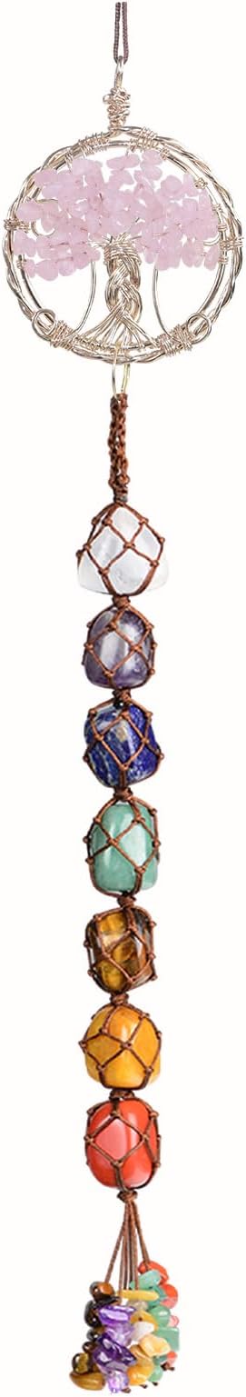 Handmade Crystal Window Car Hanging Ornaments 7 Chakra Home Decoration Feng Shui Ornament Yoga Meditation Car Decoration Tumbled Palm Stones (Style10)