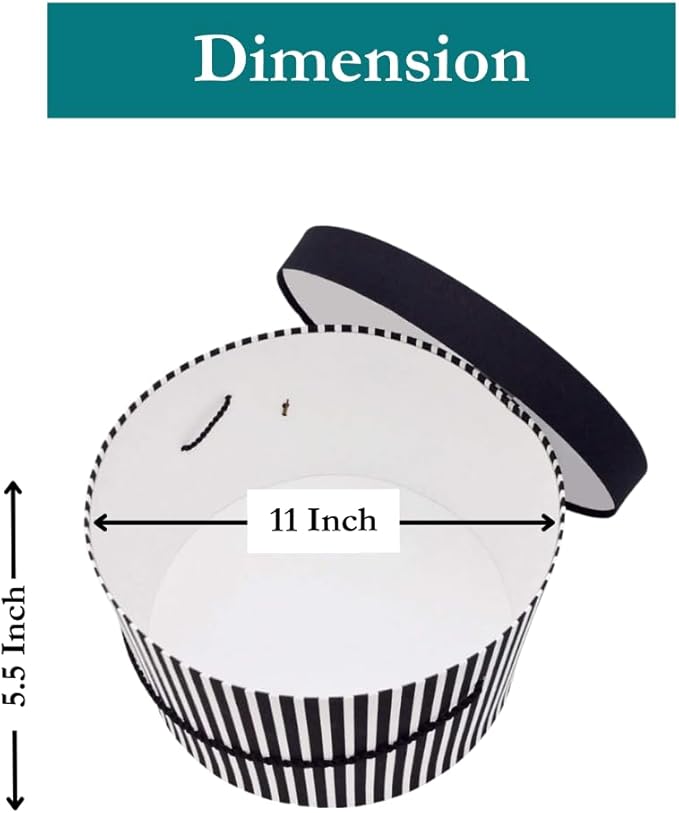 Sarah's Hat Boxes Classic Black/White Stripe Hat Box – 11" x 5.5" (Dia. x Ht.) Handmade in USA – Odorless Non-Toxic Adhesive, Cording Handle – Premium Storage for Hats & Accessories
