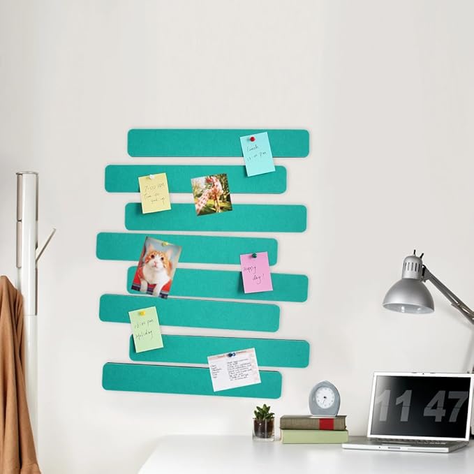 Vuzvuv 8 pcs Bulletin Board Bar Strips with 50 Pushpins & 10 Wooden Clip pins，Self Adhesive Cork Board for Wall，Felt Pin Board for School，Office Decor(Turquoise)