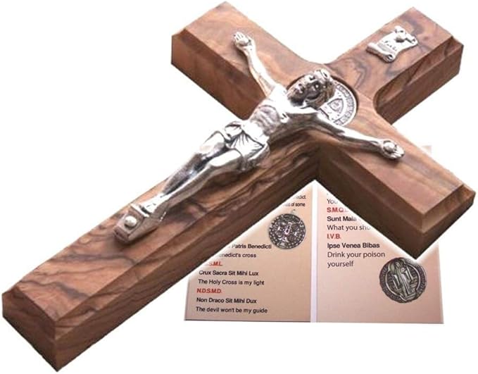 Holy Land Market Saint Benedict Wall Crucifix - Handmade Holy Land Olive Wood Cross & Saint Benedict Medals and Metal Corpus, 15 Inches