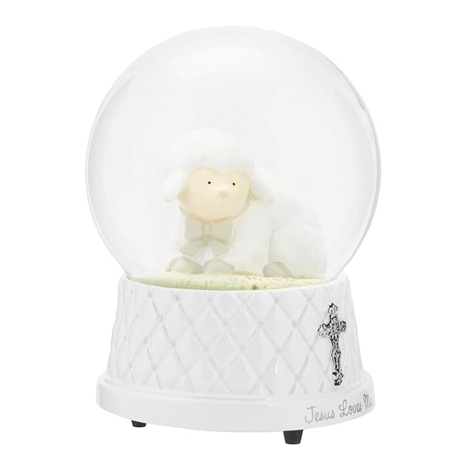 DEMDACO Jesus Loves Me Musical Water Globe - Lamb Snow Globe - Baby Blessing Keepsake - Small Silver Cross - Religious Gift for Kids - Resin & Stone - Great for Blessings & Celebrations
