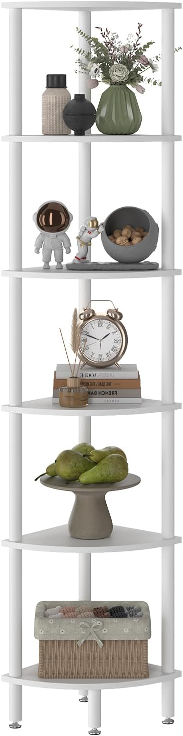 IBUYKE 6 Tier Corner Shelf Stand,Industrial Corner Display Rack,Corner Bookshelf for Living Room, Bedroom, Kitchen, Home Office, White WBC011W