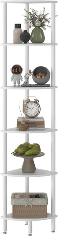 IBUYKE 6 Tier Corner Shelf Stand,Industrial Corner Display Rack,Corner Bookshelf for Living Room, Bedroom, Kitchen, Home Office, White WBC011W