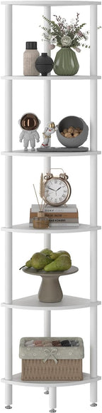 IBUYKE 6 Tier Corner Shelf Stand,Industrial Corner Display Rack,Corner Bookshelf for Living Room, Bedroom, Kitchen, Home Office, White WBC011W