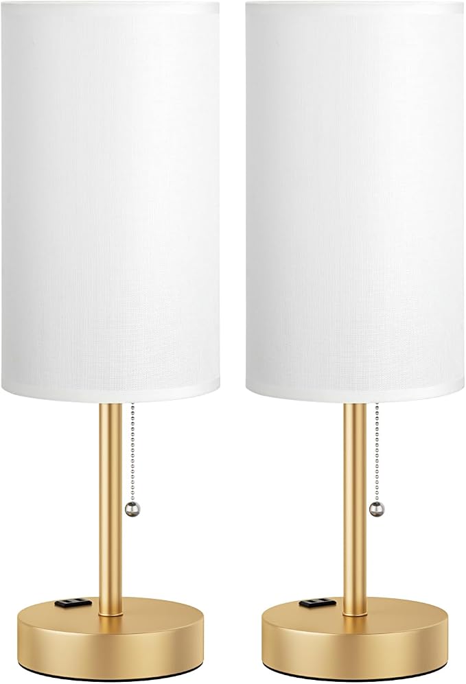 Fenmzee Plus Gold Bedside Lamps Set of 2-3 Color Temperatures Pull Chain Lamp with AC Outlet Charging Port, Round Night Stand Lamps for Bedroom, Bed Side Light with E26 LED Bulbs