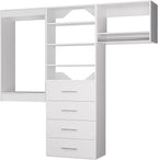 ROOMTEC Modular Closet System, 66" Wall Mounted Closet Organizer with Hanging Rods and Drawers, Modern Wooden Tower for Walk-In Closets, Wardrobe Storage Kit, White