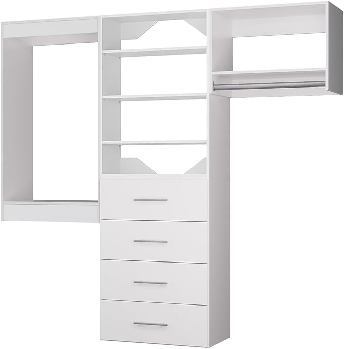 ROOMTEC Modular Closet System, 96" Wall Mounted Closet Organizer with Hanging Rods and Drawers, Modern Wooden Tower for Walk-In Closets, Wardrobe Storage Kit, White