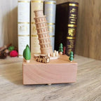 Natural Solid Wood Handcrafted Beech Wooden, Musical FigureTotoro/Carousel/Fairy/Ballerina Figurine,Rotating Hand Crank Mechanism Music Box,Musical Decorations (Leaning Tower of Pisa)