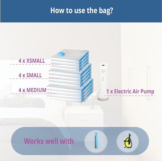 12 Pack Travel Space Saver Vacuum Storage Bags, Vacuum Seal Compression Bags for Clothes, Packing, Luggage, Blankets, Comforters and Pillows, Rechargable Electric Pump Included