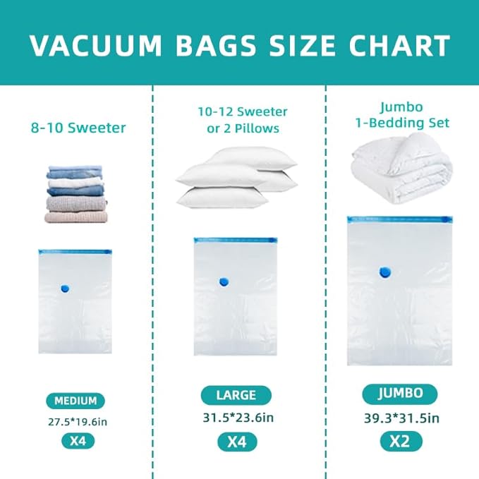 Vacuum Storage Bags, 10 Pack with Electric & Manual Pump, Space Saver Compression Bags for Clothes, Blue and White, Nylon, 4 Medium 4 Large 2 Jumbo, (Electric Pump)