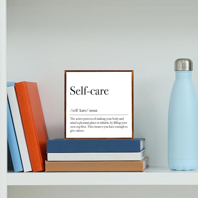 Self Care Definition Spa Decor for Spa room. Inspirational Wooden Box Sign Mental Health Rustic Office Desk Decorations Wood Plaque Home Shelf Table Decor Self Care Must Haves.