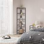 BON AUGURE Rustic Corner Shelf Stand, Tall Industrial Corner Bookshelf, Wood Metal 5 Tier Bookcase Shelves, Display Shelving Unit for Kitchen, Living Room (Dark Grey Oak)
