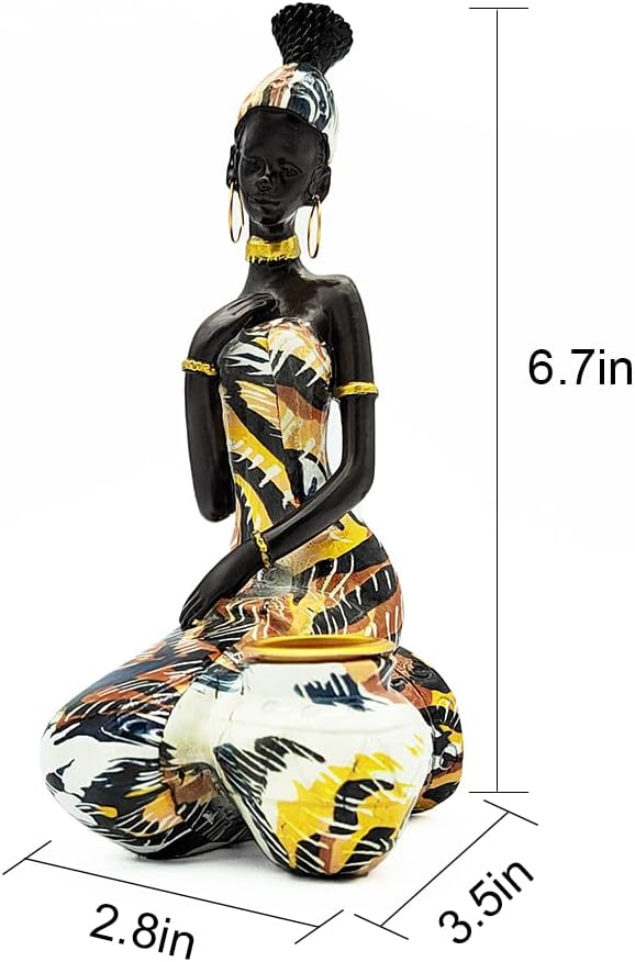 African Statues Art Sculptures Women Figure Girls Tribal Lady Figurine Black Women Home Decor Collectible Creative Vintage Gift Crafts (Yellow Dress)