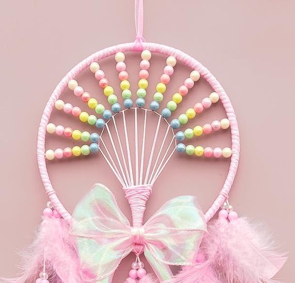 Dream Catcher Wall Hanging for Girls Bedroom Decoration,Pink Dream Catchers for Kids Room Decor Art Craft Gift, Handmade Feather Wall Decor Hanging Ornament(Pink)