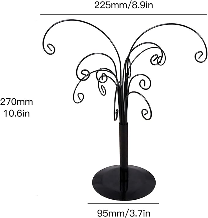 10.6 inch Ornament Tree Display Stand Rotating Decor, Decorative Black Metal Tabletop Display Stand Features Multiple Hooks, Display Rack for Ornaments Glass Globes Balls and Small Craft Items (1PCS)
