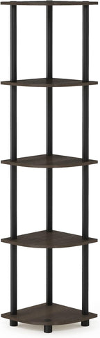 Furinno TURN-N-TUBE Corner Shelf, 5-Tier Corner Bookshelf, Open Storage Shelves, for Organization and Storage, Living Room, Home Office, Garage, Bedroom, Dark Brown Grain