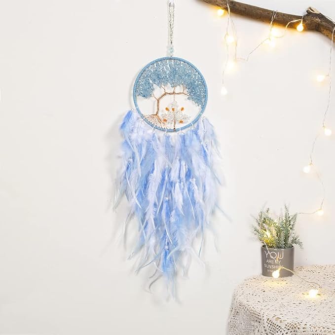 Pretty Jolly Double Tree of Life Dream Catcher Wall Decor with Healing Crystal Stone Handmade Cyan Blue White Feather Dream Catchers Decoration Wall Hanging Bedroom Room Wedding Party Wish Gift-25.6"
