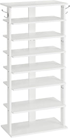 HOOBRO Vertical Shoe Rack, 8 Tier Wooden Shoe Storage Organizer with Hooks, Narrow Shoe Tower for 16 Pairs, Space Saving, for Entryway, Living Room, Bedroom, White WT750XJ01